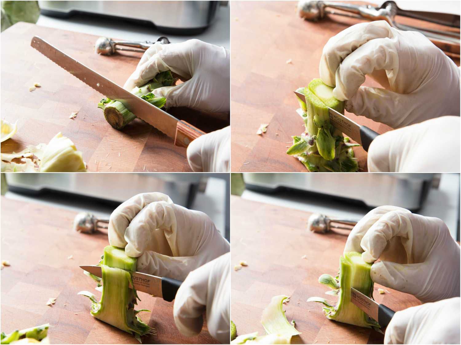 修剪洋蓟茎的拼贴画:用锯齿刀切掉末端，用削皮刀切掉坚硬的外部