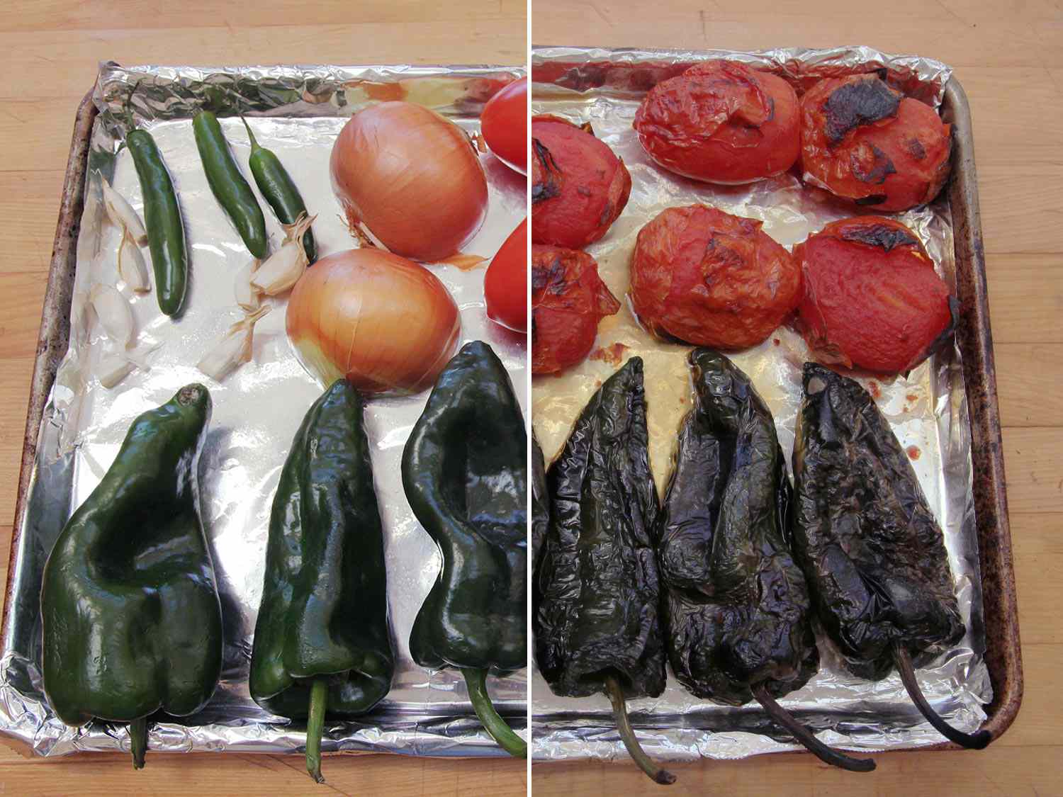 未烤的辣椒、洋葱、大蒜、西红柿、波布拉诺辣椒和烤蔬菜的分裂图像。gydF4y2Ba