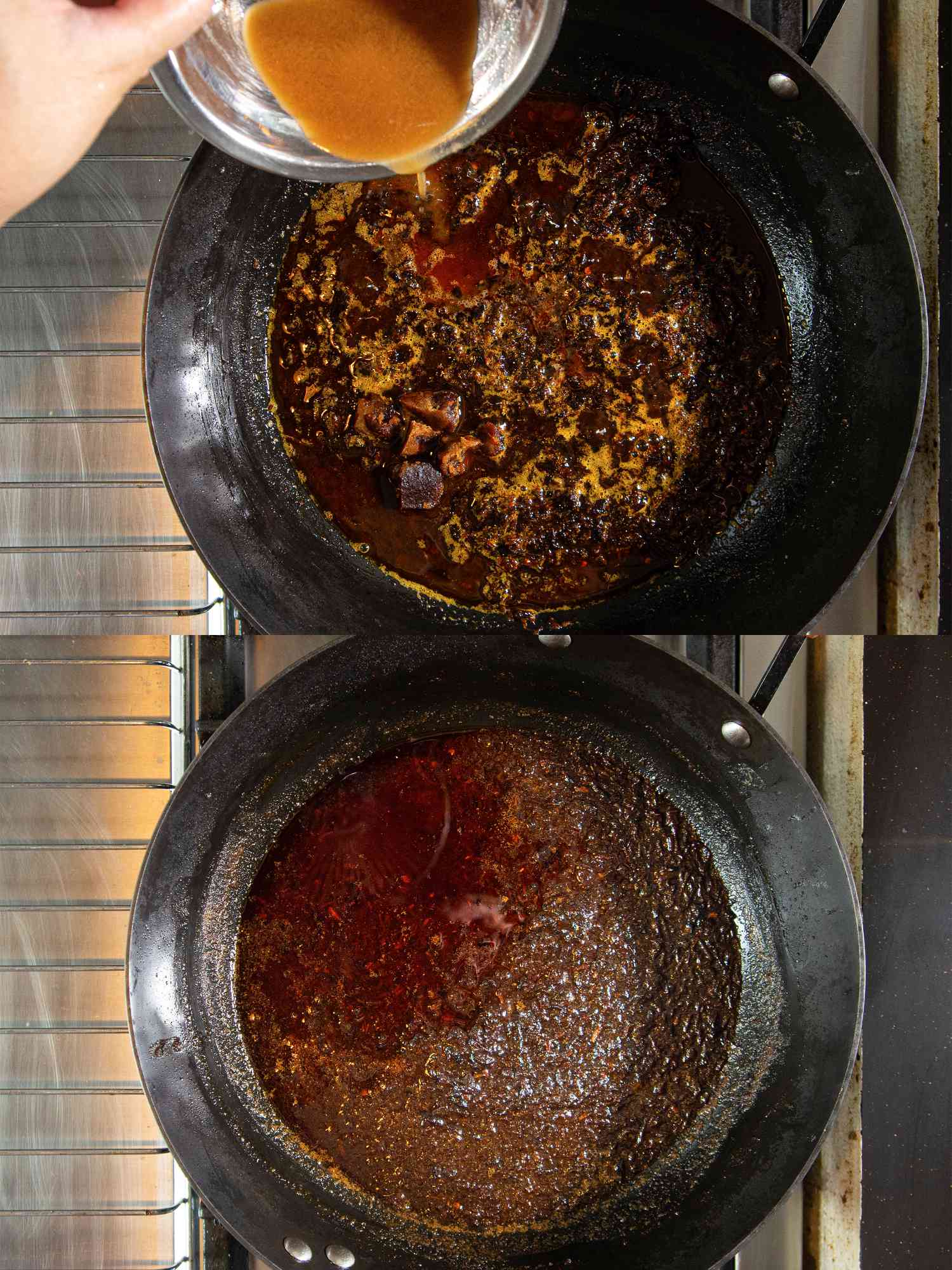 Two image collage of adding remaining ingredients to the wok and after oil has seperated
