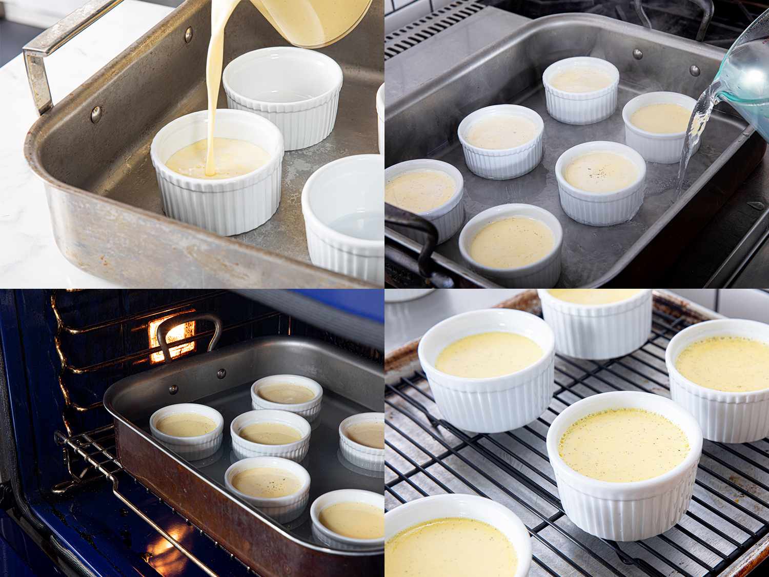 四个图像拼贴，将蛋奶混合物倒入小模具，创建水浴，放入烤箱和小模具放在冷却架上