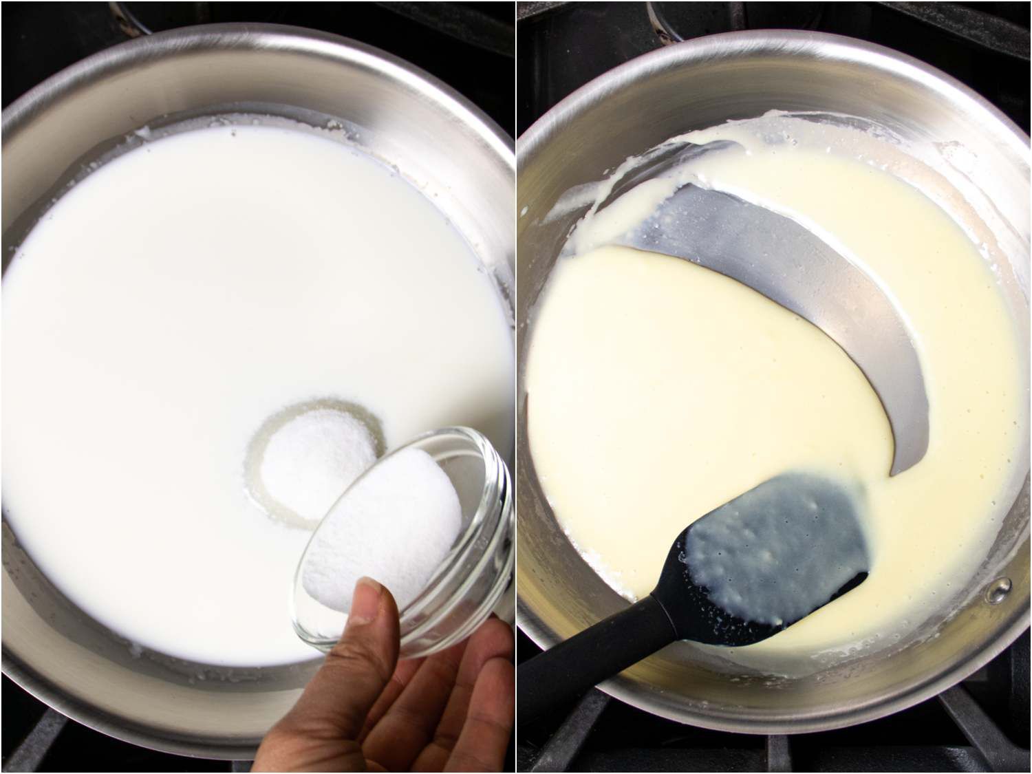 拼贴:在减少的牛奶和奶油中加入糖;在它变稠后显示出粘稠度gydF4y2Ba