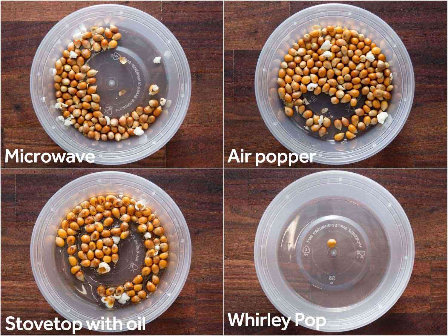 Close up of un-popped kernels left behind from each method of popping corn, microwave vs stovetop vs oil-popped vs Whirley Pop