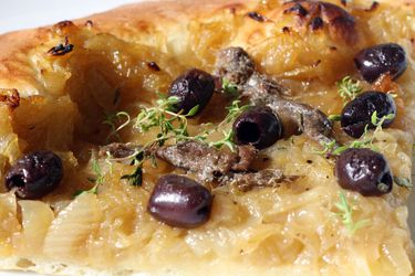 Pissaladiere with onions, olives, and fresh thyme