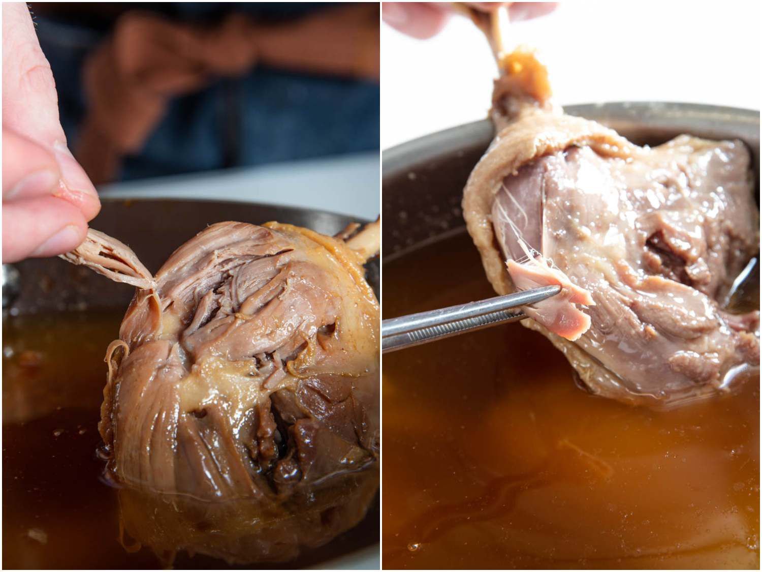 Photo collage comparing meat of koji confit and traditional confit.