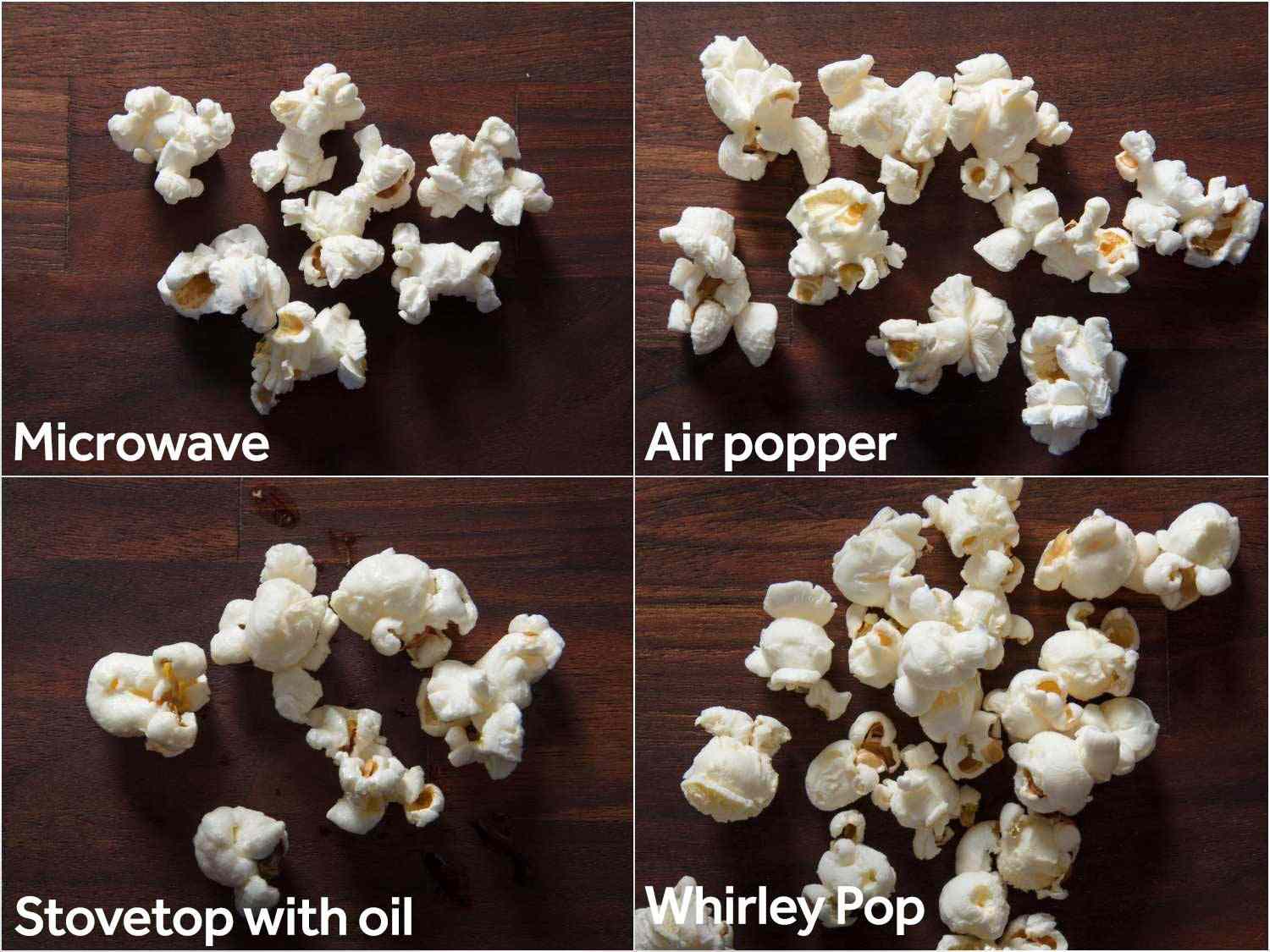 Close up of popped popcorn, microwave versus air popper vs oil popped versus whirly pop