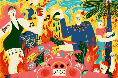 A colorful and dense illustration of a festive cuban pig roast in Miami