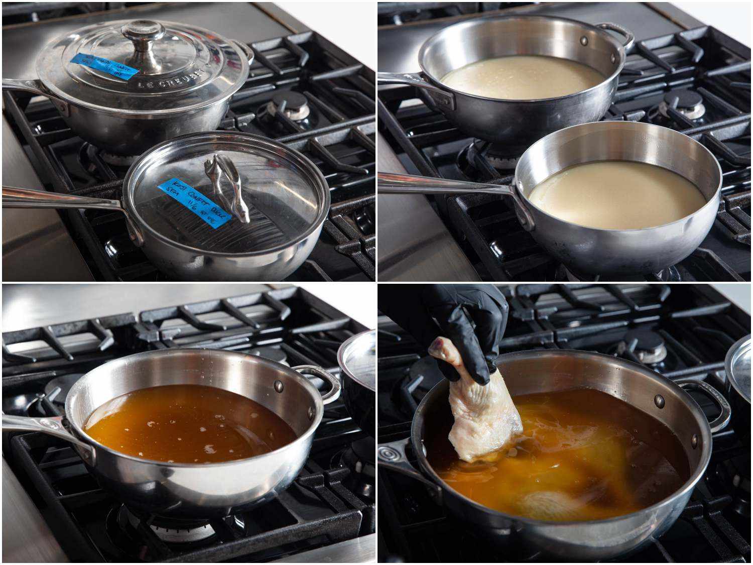 Photo collage of melting duck fat in saucepans on the stovetop and then adding raw duck legs to make confit.
