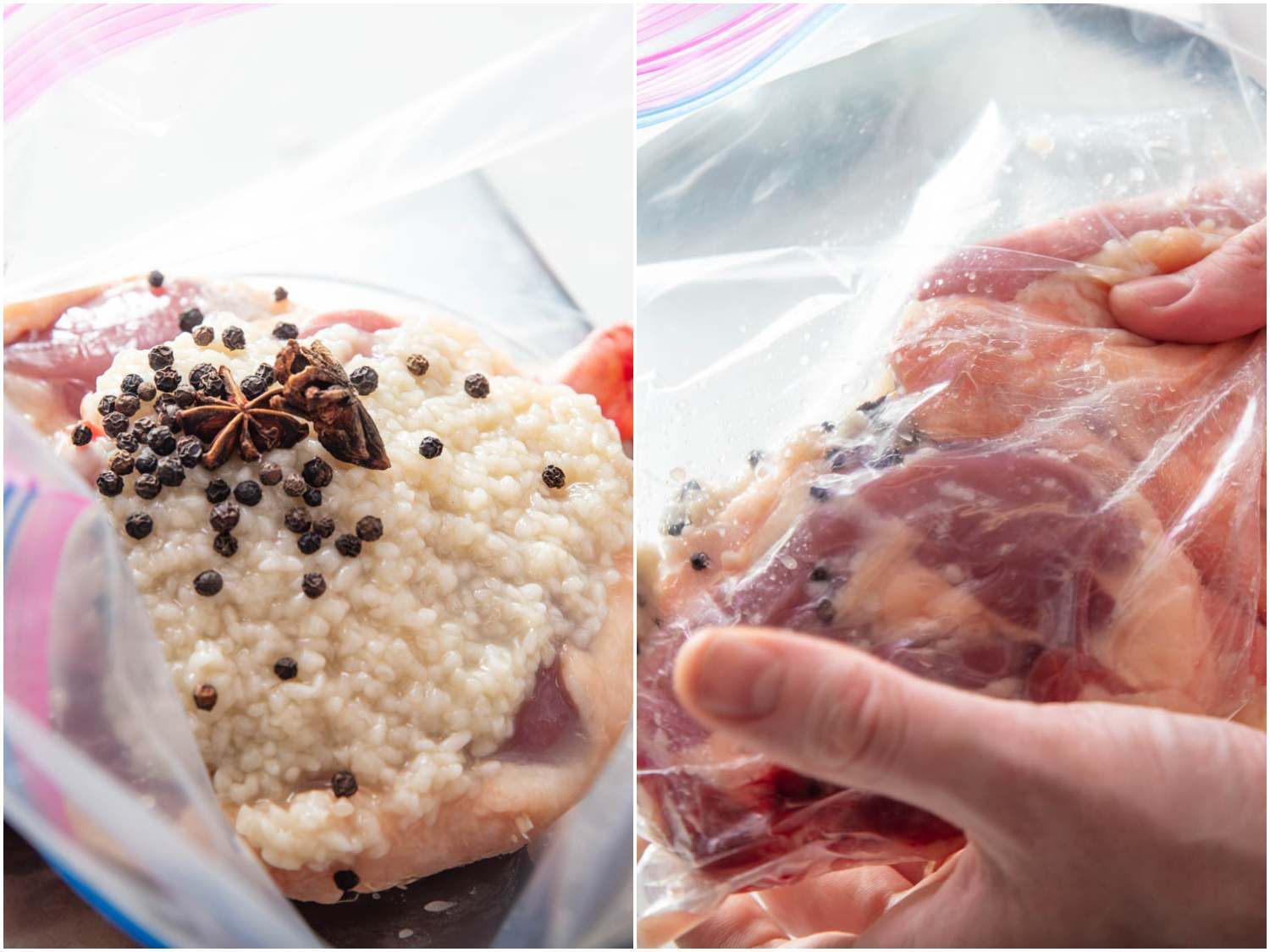 Photo collage of curing duck legs with shio koji, black peppercorns, and star anise in a zipper-lock bag.