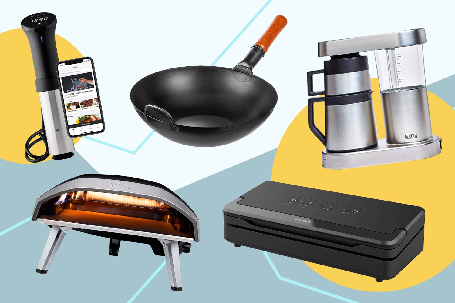 a collage of different products (a vacuum sealer, a wok, a pizza oven, a coffee maker, a sous vide machine) on a colorful background