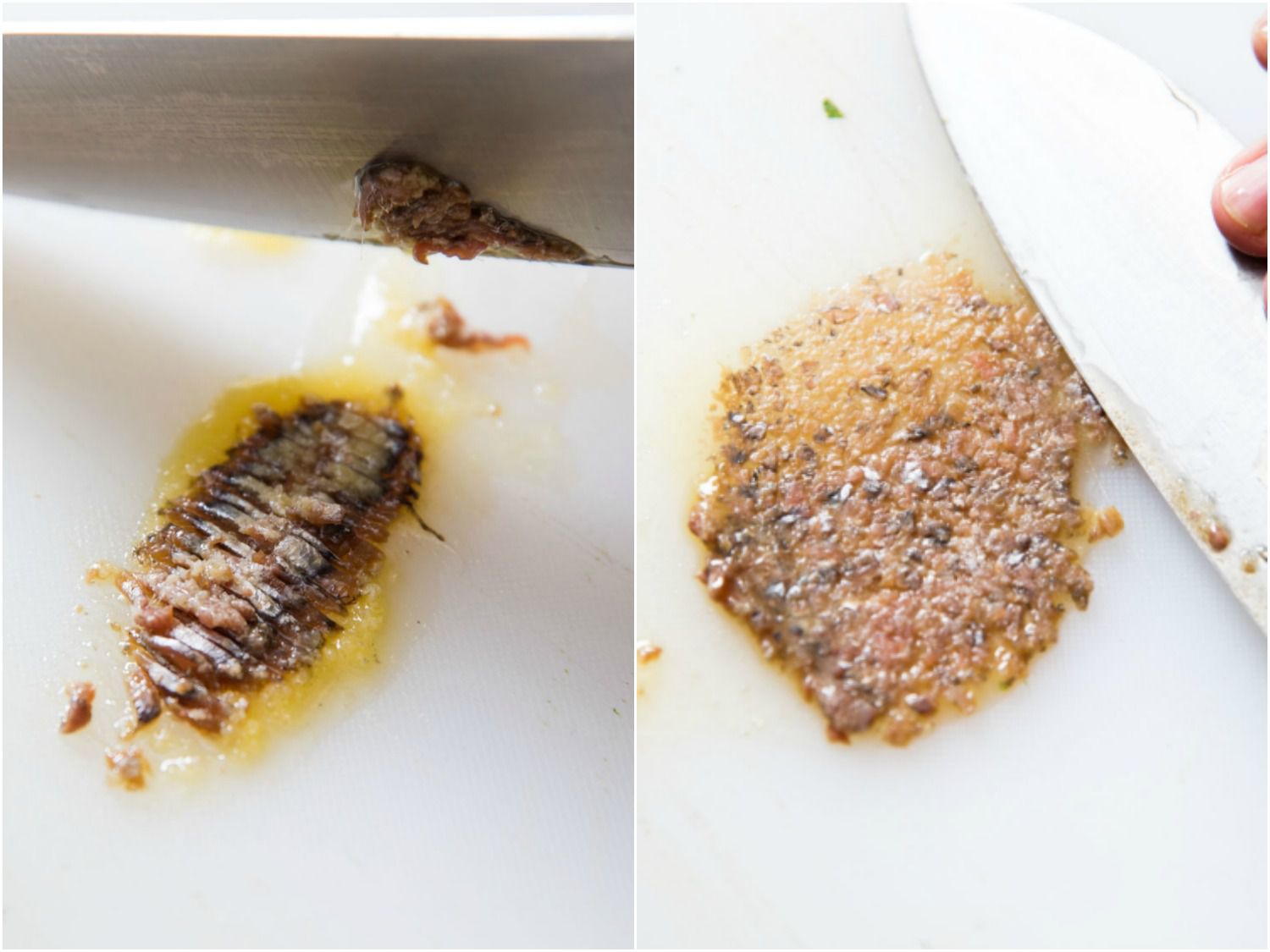 Close-up collage showing anchovy being minced on a cutting board.