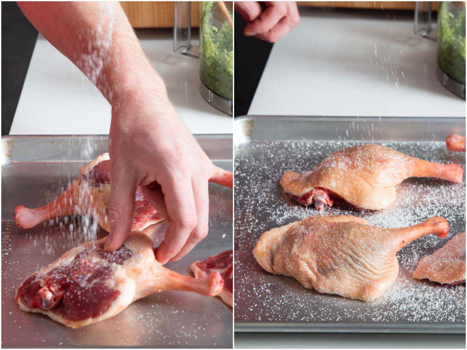 Photo collage of salting duck legs for confit.