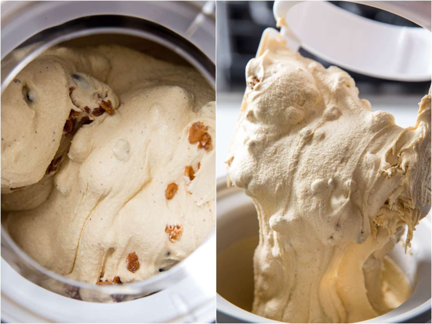 分裂图像显示烤燕麦块被添加到搅拌冰淇淋机。