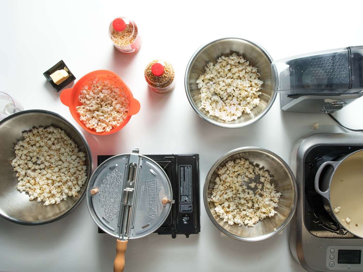 Popcorn being made with different methods