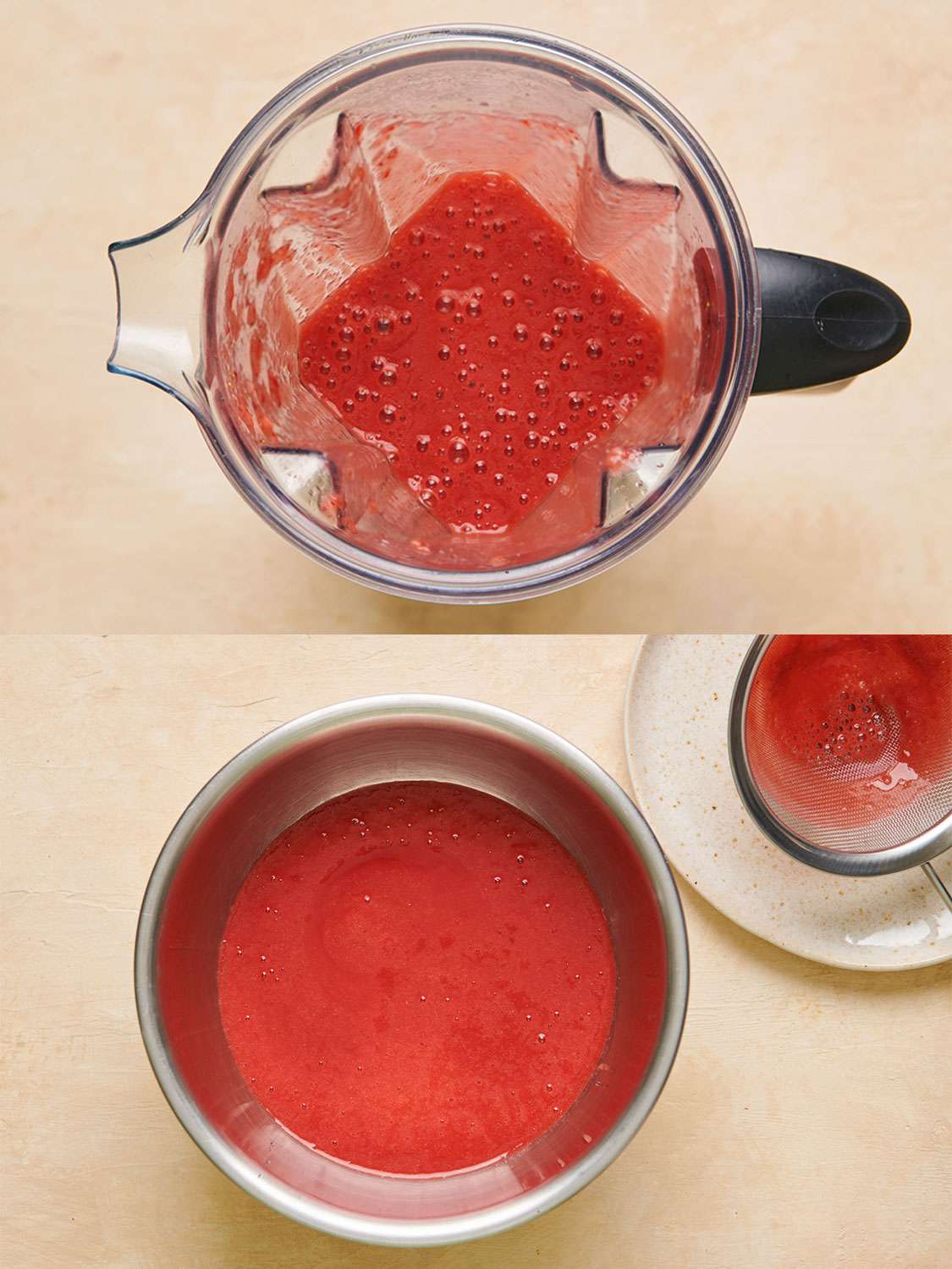 A two-image collage. The top image shows a blender containing the fully pureed strawberries. The bottom image shows a bowl containing the fully strained blended strawberries.