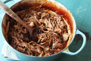 A pot of easy oven-cooked pulled pork.