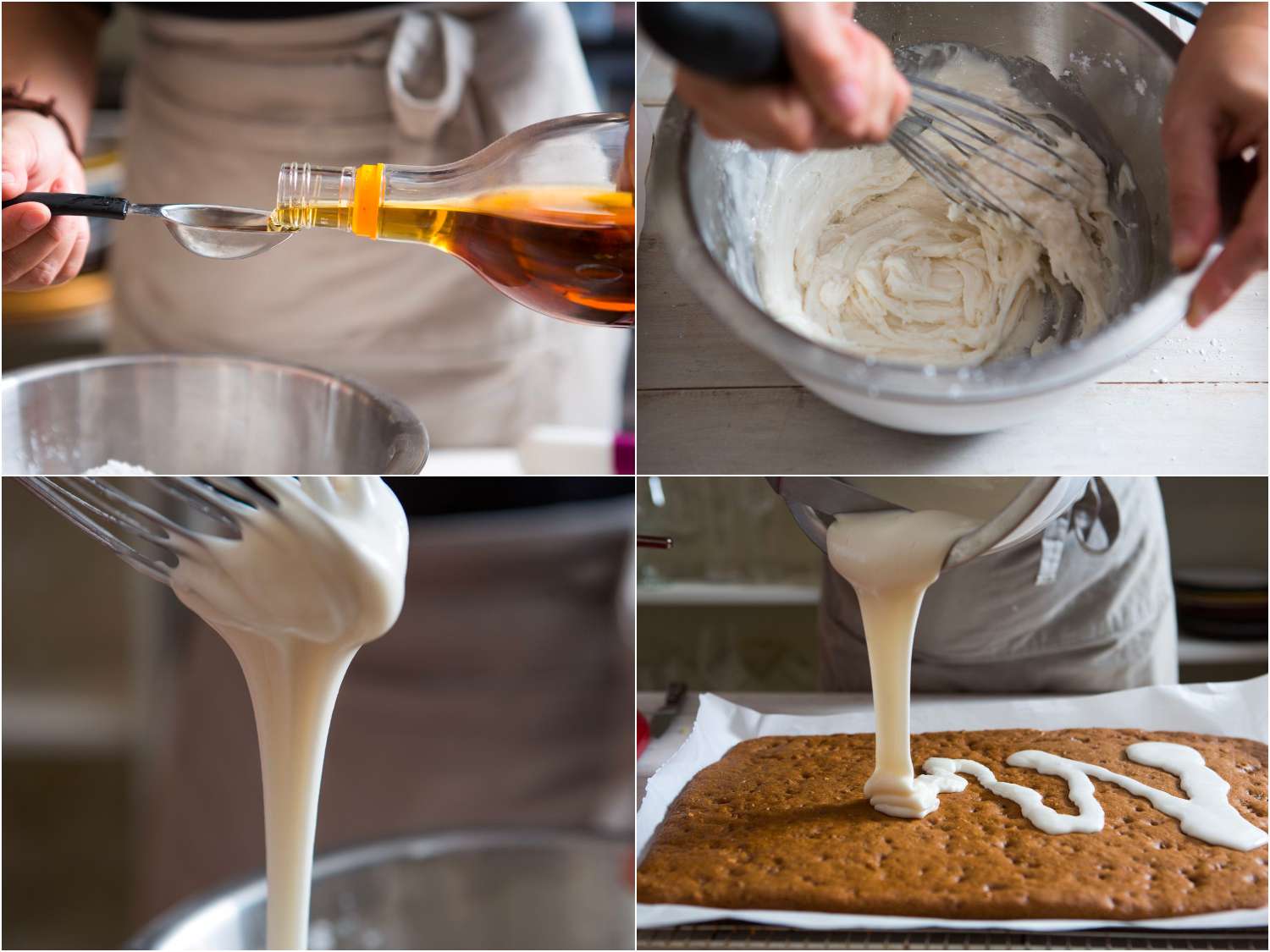 一幅拼贴画，展示了制作糖霜的过程，然后把糖霜倒在烤好的白面包上。gydF4y2Ba