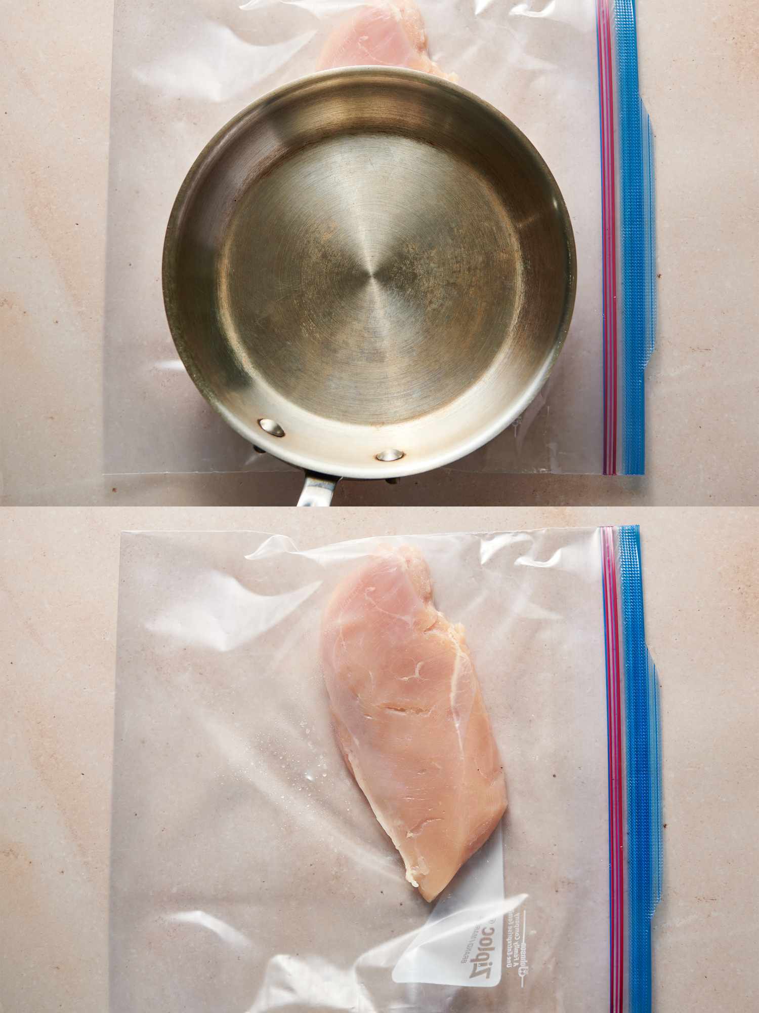 鸡胸肉捣碎成一个更厚的¾英寸高储放在可再次密封的塑料袋内gydF4y2Ba