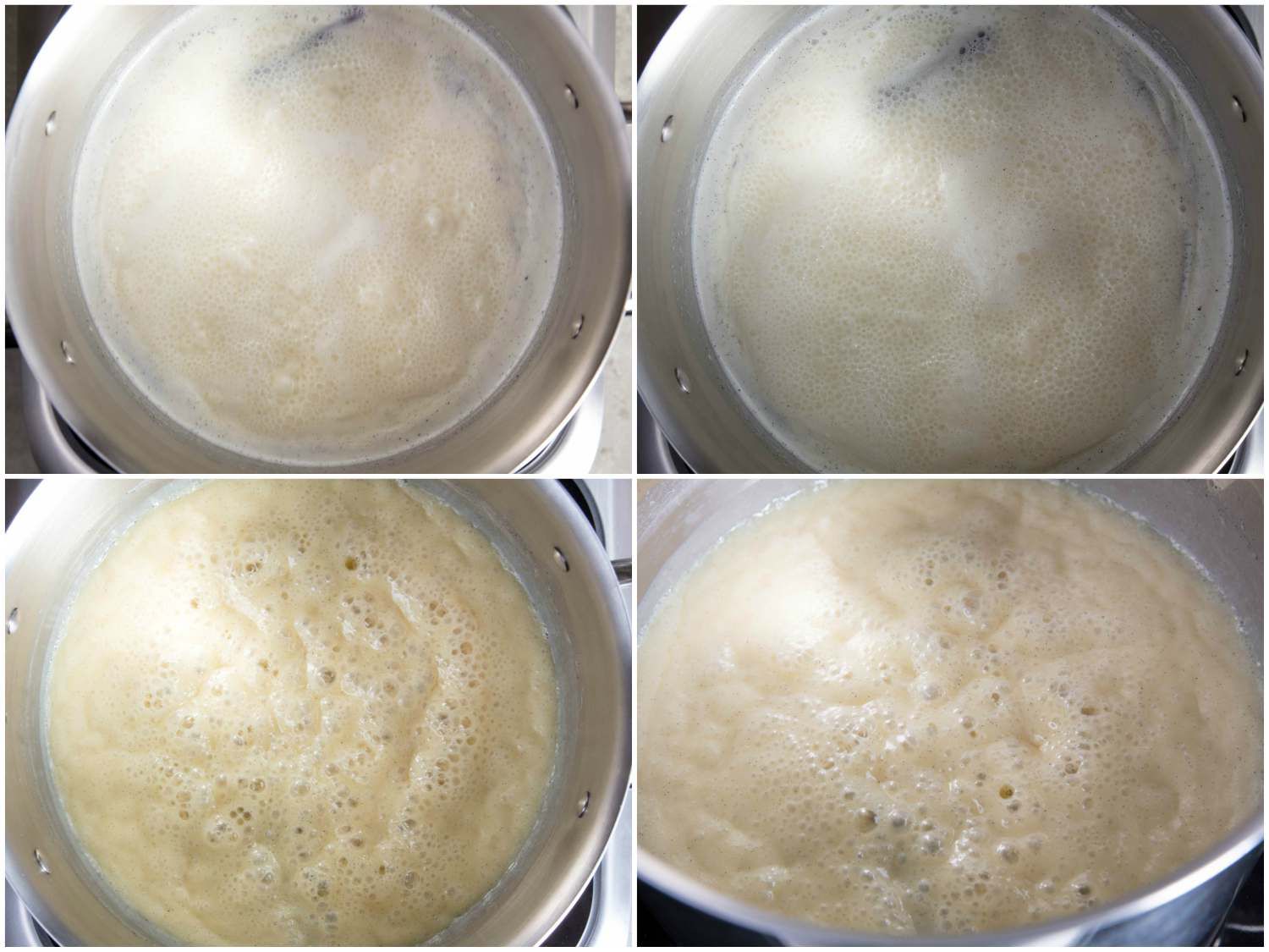 Collage of photos of homemade sweetened condensed milk, in various stages of cooking on the stovetop