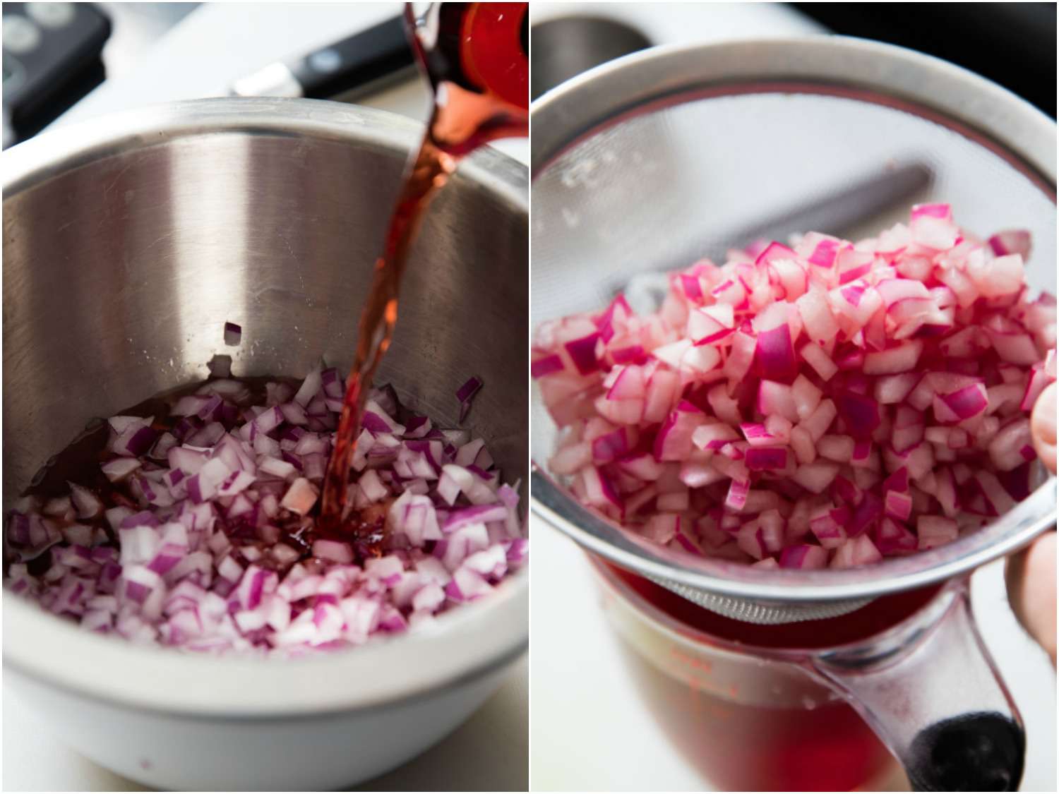 Collage of vinegar being poured on diced onion and then drained after pickling.