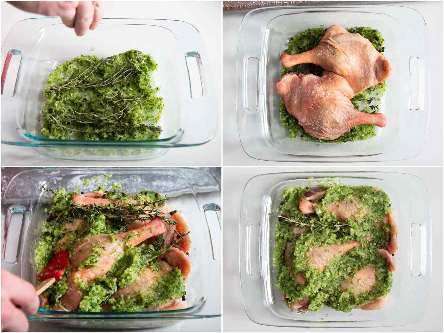 Photo collage of layering duck legs in a baking dish with allium cure, thyme, and peppercorns.
