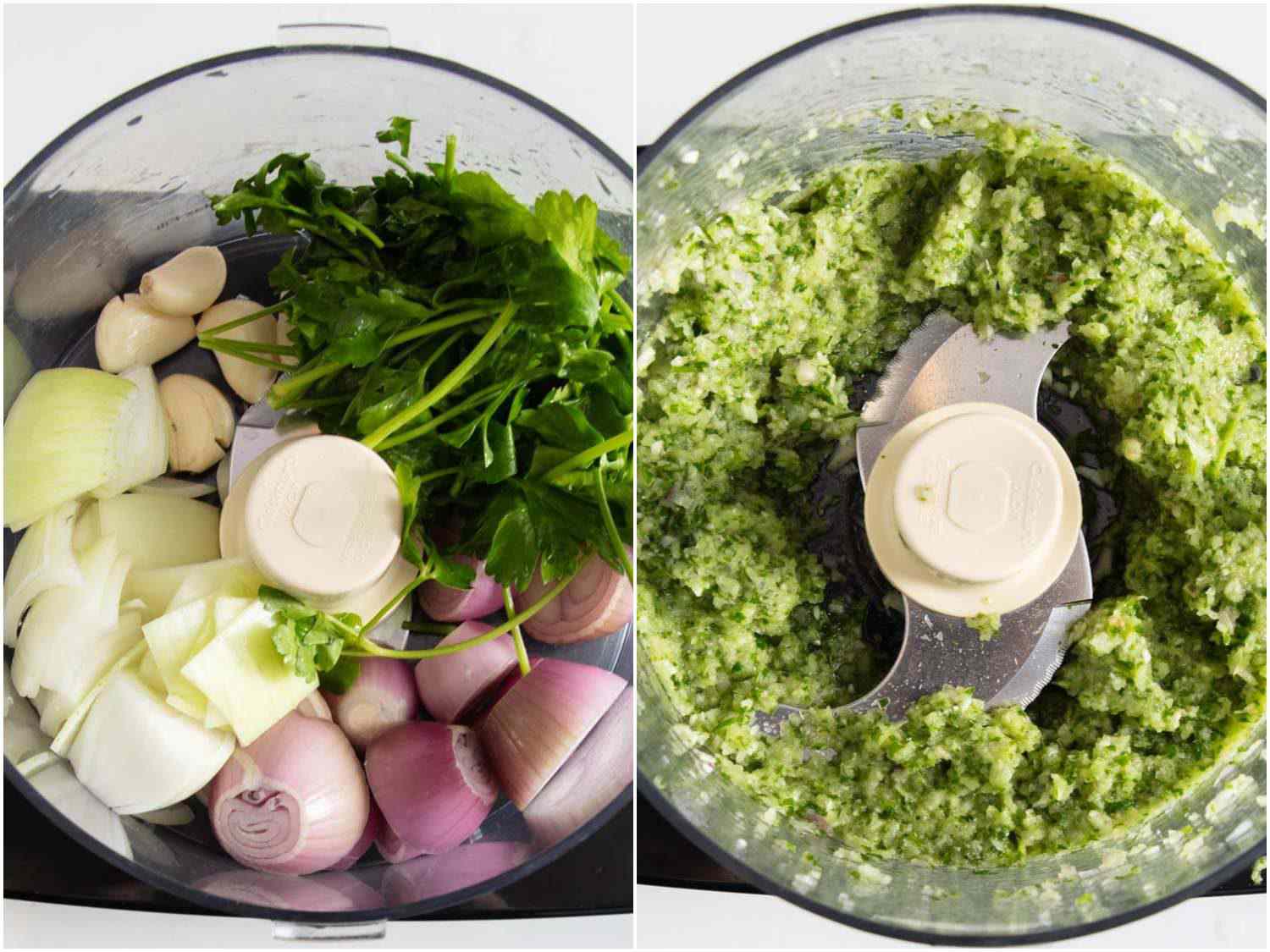 Photo collage of ingredients for allium cure in food processor, before and after being processed.