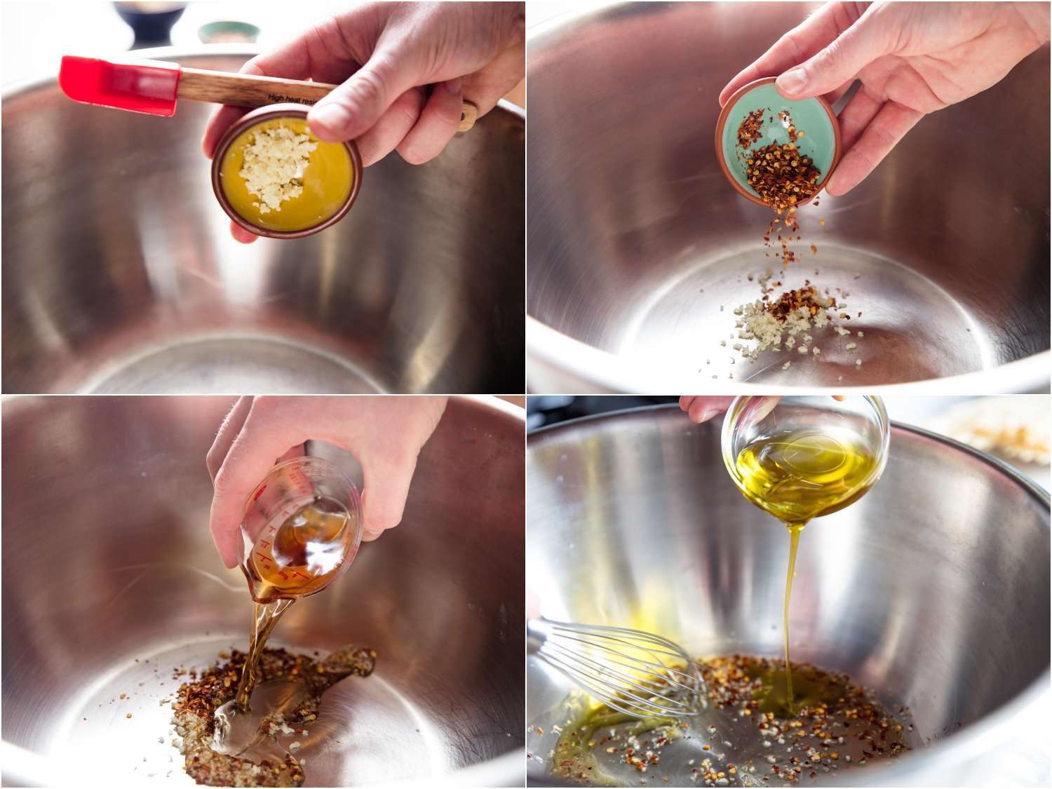 拼贴:把做colatura酱底的原料搅拌在一起:大蒜、胡椒片和橄榄开云体育波胆油。gydF4y2Ba