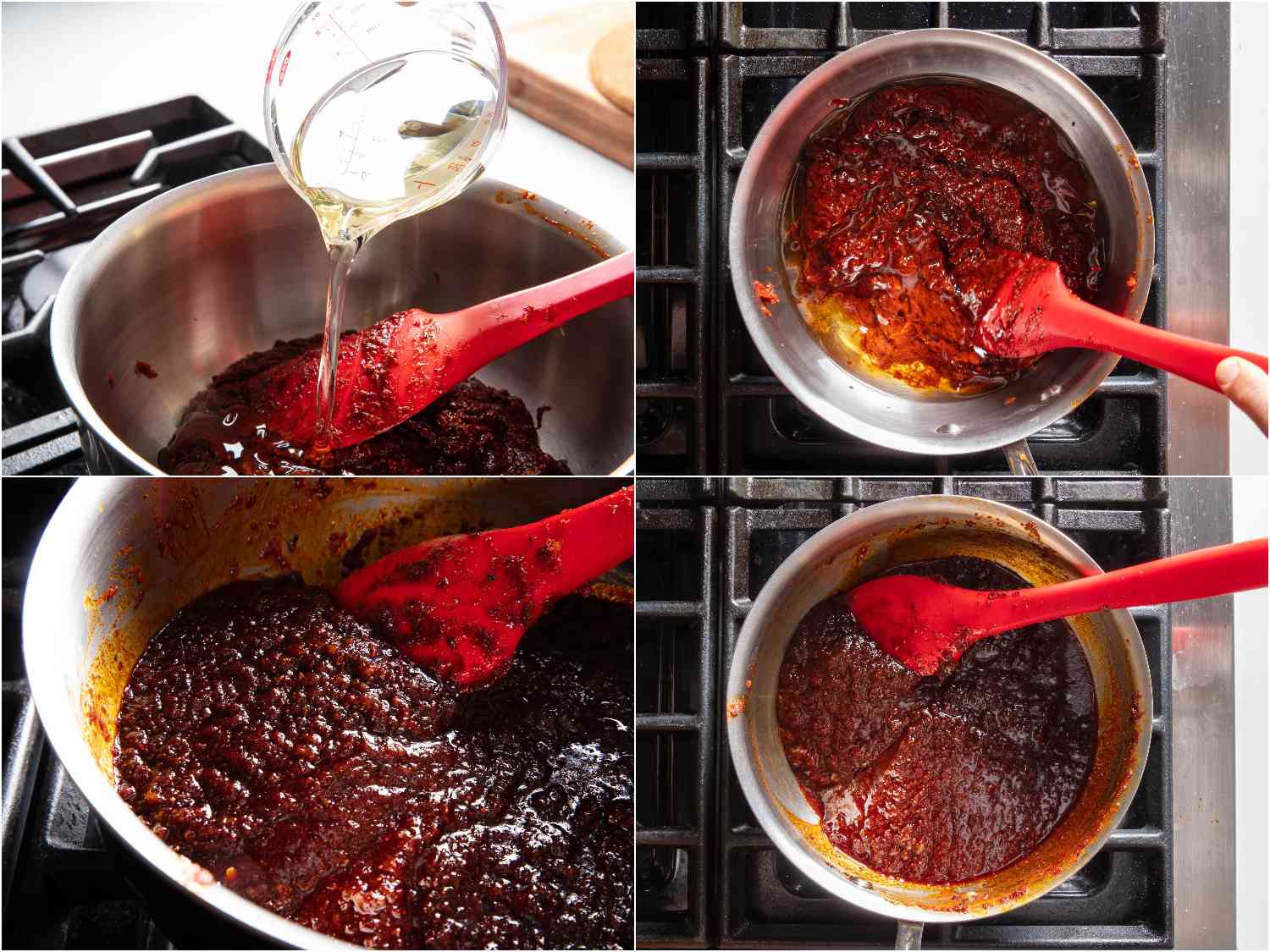 在平底锅中加油烹饪糊状，直到糊状变稠，变成暗红色。