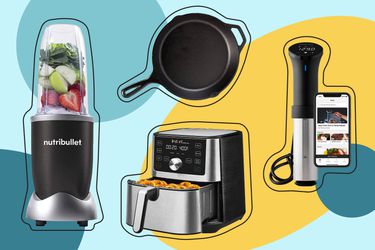 A cast iron pan, personal blender, air fryer, and immersion circulator on a colorful graphic background