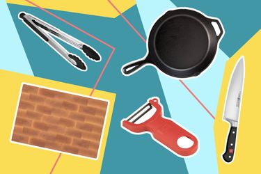 a collage of different products (a wooden cutting board, tongs, a chef's knife) against a colorful background