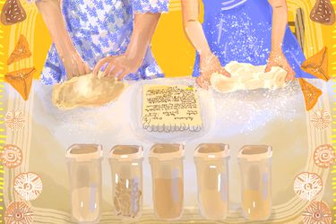 An illustration depicting a mother and daughter kneading dough at the kitchen counter