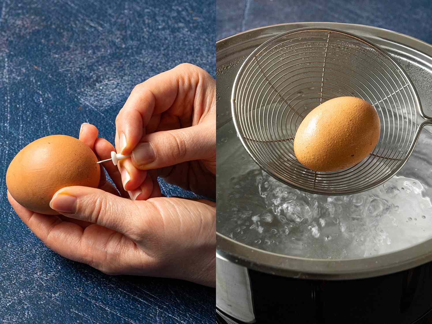 用图钉刺穿鸡蛋，然后慢慢加入沸水中gydF4y2Ba