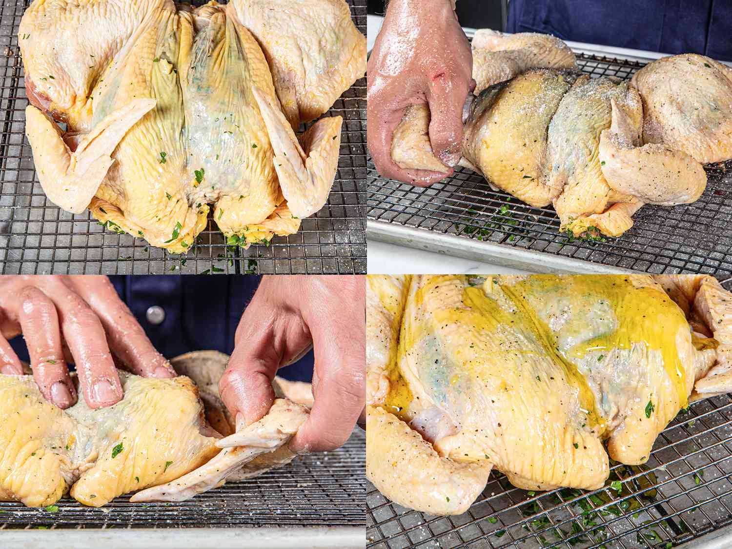 在烤之前，用两只手将生鸡翅从背后夹起来。